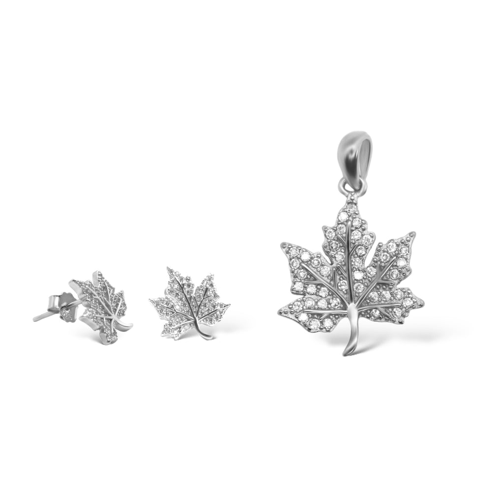 Sterling Silver CZ Leaf Pendant/Earrings Set - Allyanna GiftsSETS