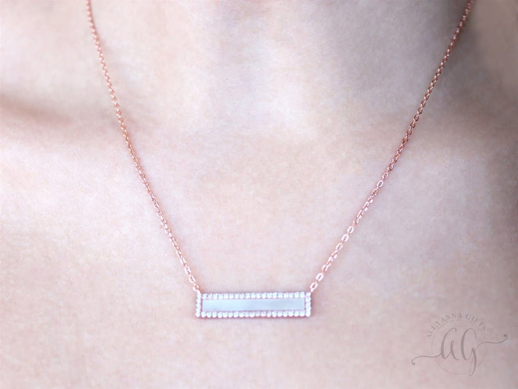 Sterling Silver CZ Mother of Pearl Bar Necklace - Allyanna GiftsJEWELRY
