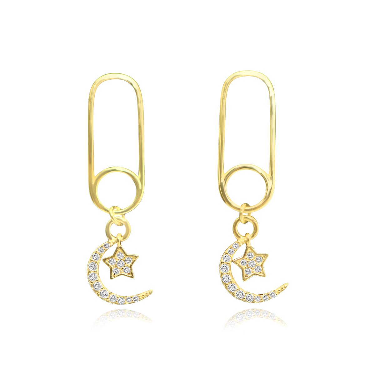 Sterling Silver CZ Paperclip W/ Crescent/Star Dangle Stud Earrings - Allyanna GiftsEARRINGS