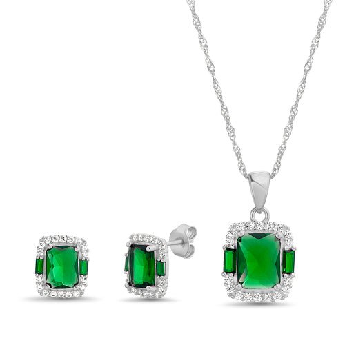 Sterling Silver Elegant Colored Rectangle CZ Halo Necklace/Earrings Set - Allyanna Gifts