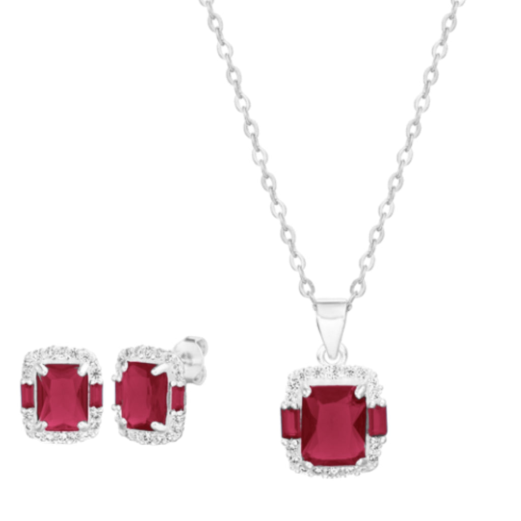 Sterling Silver Elegant Colored Rectangle CZ Halo Necklace/Earrings Set - Allyanna Gifts