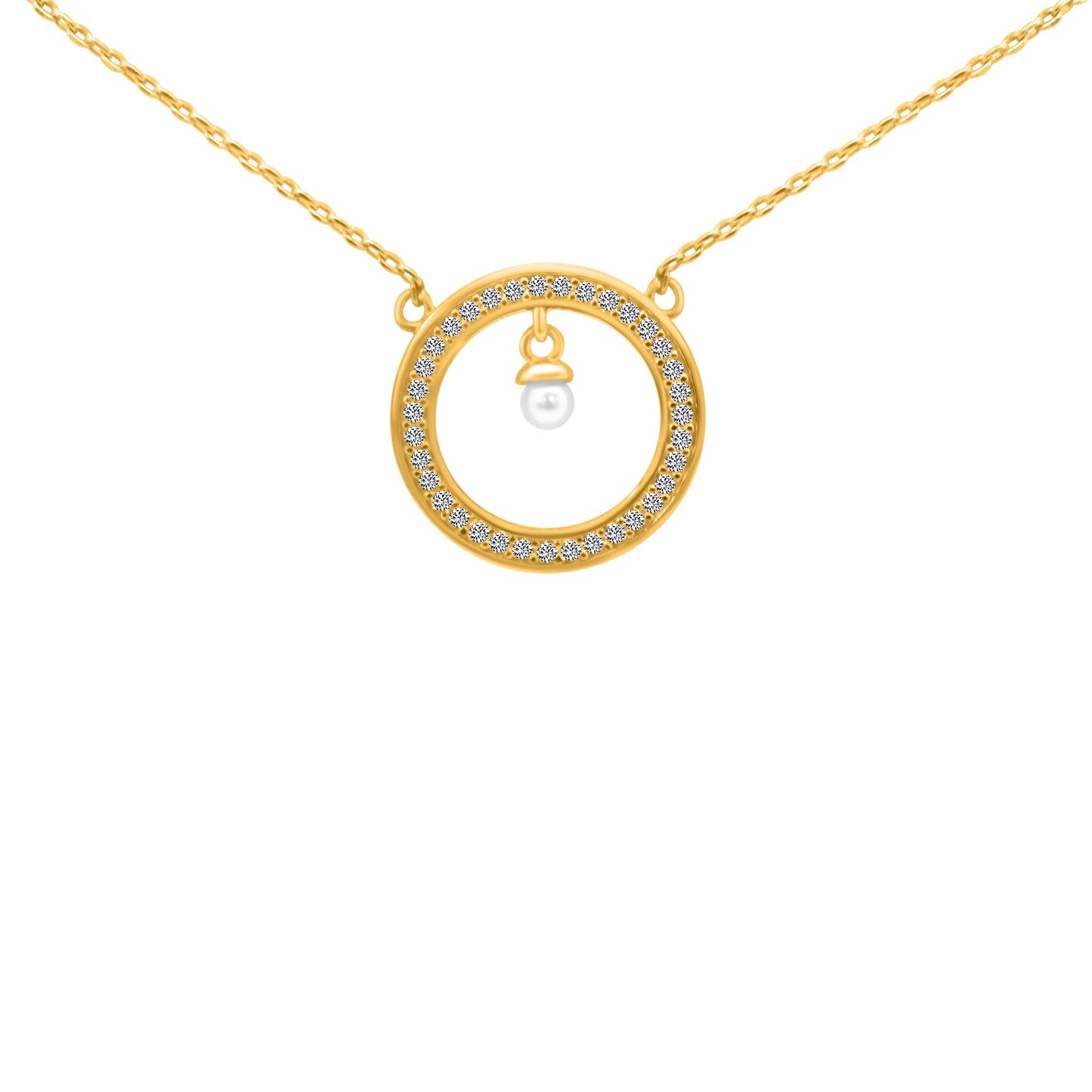 Sterling Silver Gold Plated Circle CZ Dangle Pearl Necklace - Allyanna Gifts