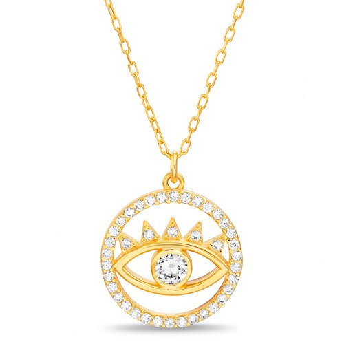 Sterling Silver Gold Plated CZ Pave Evil Eye Round Pendant - Allyanna Gifts
