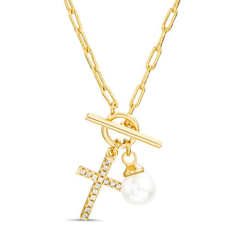 Sterling Silver Gold Plated Pearl CZ Cross Paper Clip Necklace - Allyanna Gifts