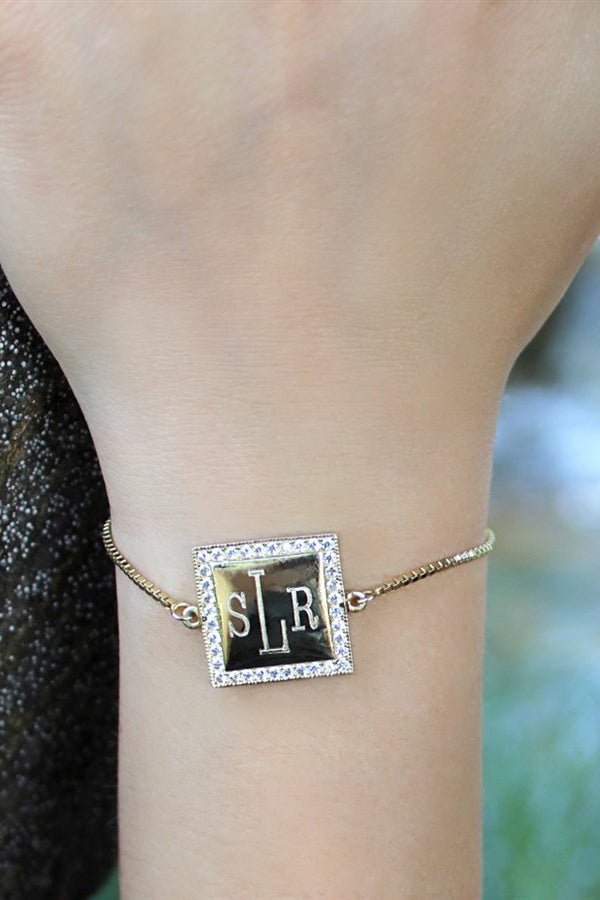 Sterling Silver Gold Square Engravable CZ Tassel Bracelet - Allyanna GiftsMONOGRAM + ENGRAVING
