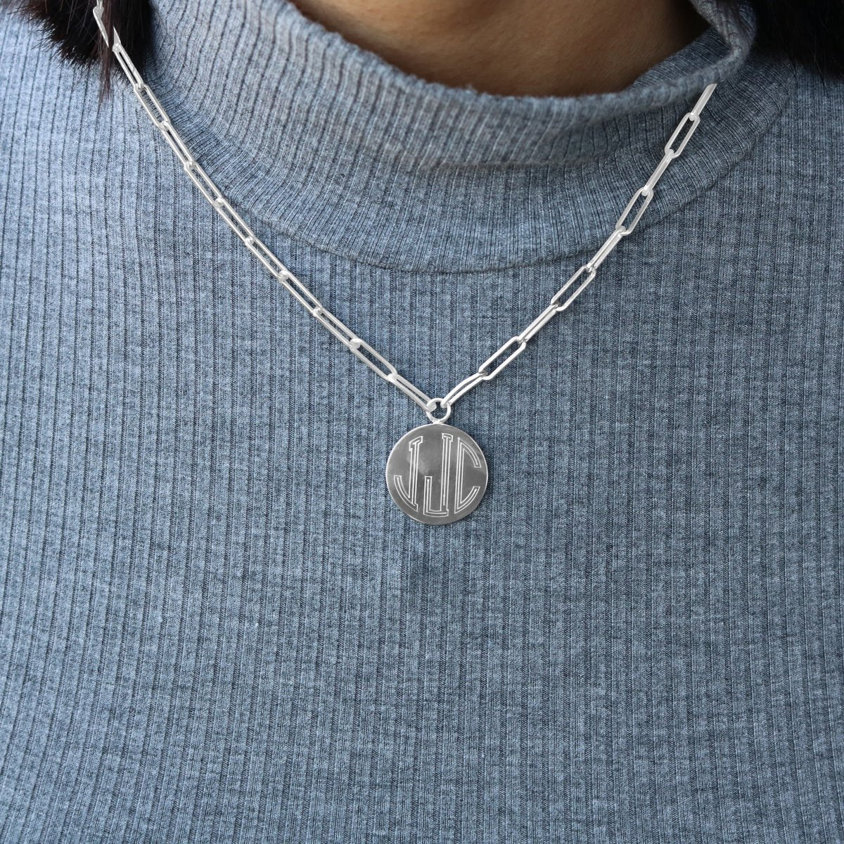 Sterling Silver Medium Paper Clip Chain W/ Engraved Disc (16in Length) - Allyanna GiftsNECKLACE