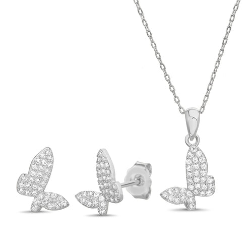 Sterling Silver Pave Butterfly Stud Earring/Necklace Set - Allyanna GiftsSETS
