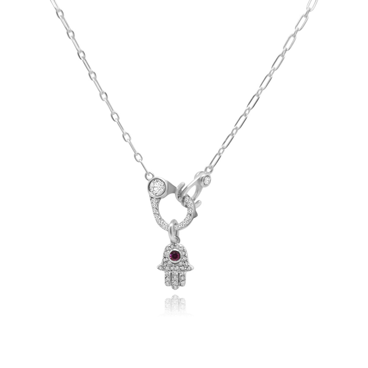 Sterling Silver Pave Evil Eye/Hamsa Paper Clip Chain Necklace - Allyanna Gifts