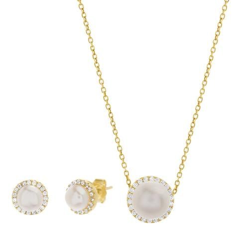 Sterling Silver Pearl W/ CZ Border Pendant/ Earring Set - Allyanna Gifts