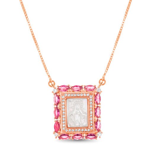 Sterling Silver Rose Gold Plated "Virgin Mary" Center w/ Multi Colored CZ Border Necklace - Allyanna Gifts