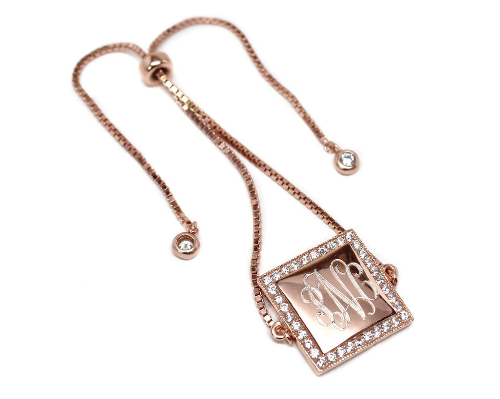 Sterling Silver Rose Gold Square Engravable CZ Tassel Bracelet - Allyanna GiftsMONOGRAM + ENGRAVING