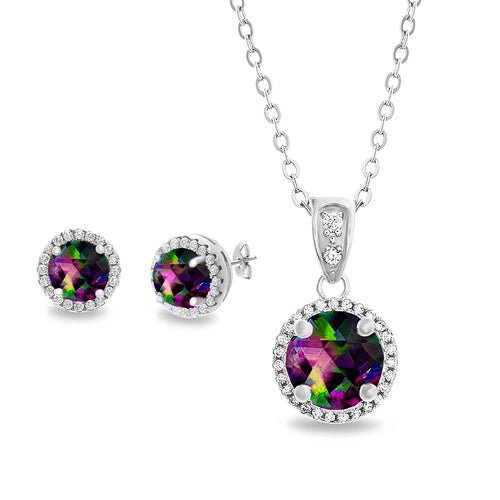 Sterling Silver Round Mystic Topaz W/ CZ Halo Necklace/Earrings Set - Allyanna Gifts
