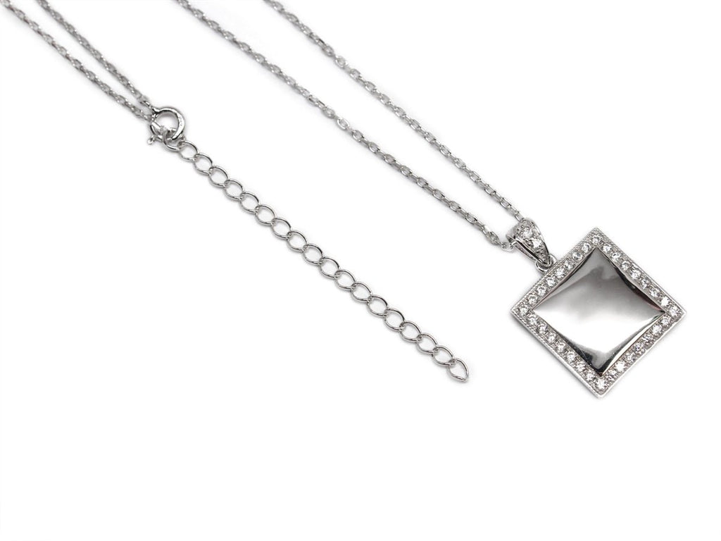 Sterling Silver Square Engravable CZ Necklace with Bell - Allyanna GiftsMONOGRAM + ENGRAVING