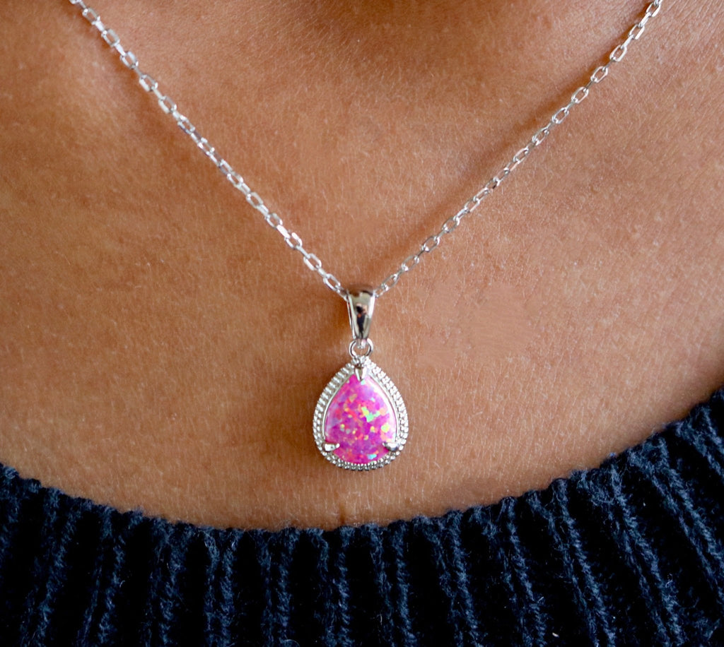Sterling Silver Teardrop Opal Necklace - Allyanna Gifts