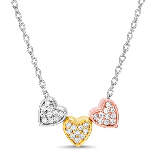 Sterling Silver Tri Color Pave Heart Dangle Necklace - Allyanna GiftsNECKLACE