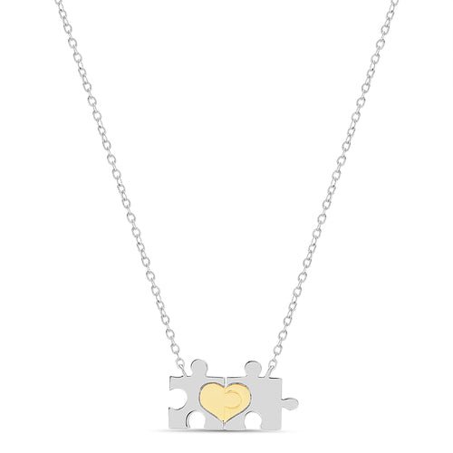 Sterling Silver Two Tone Gold Heart on 2 Puzzle Piece Necklace - Allyanna Gifts