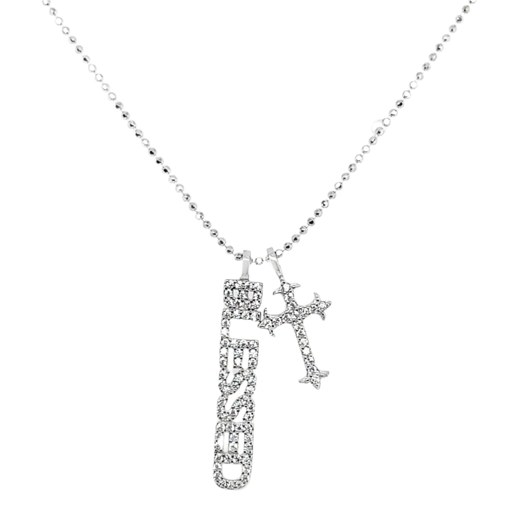 Sterling Silver CZ "Blessed" & Cross Pendant Beaded Chain Necklace