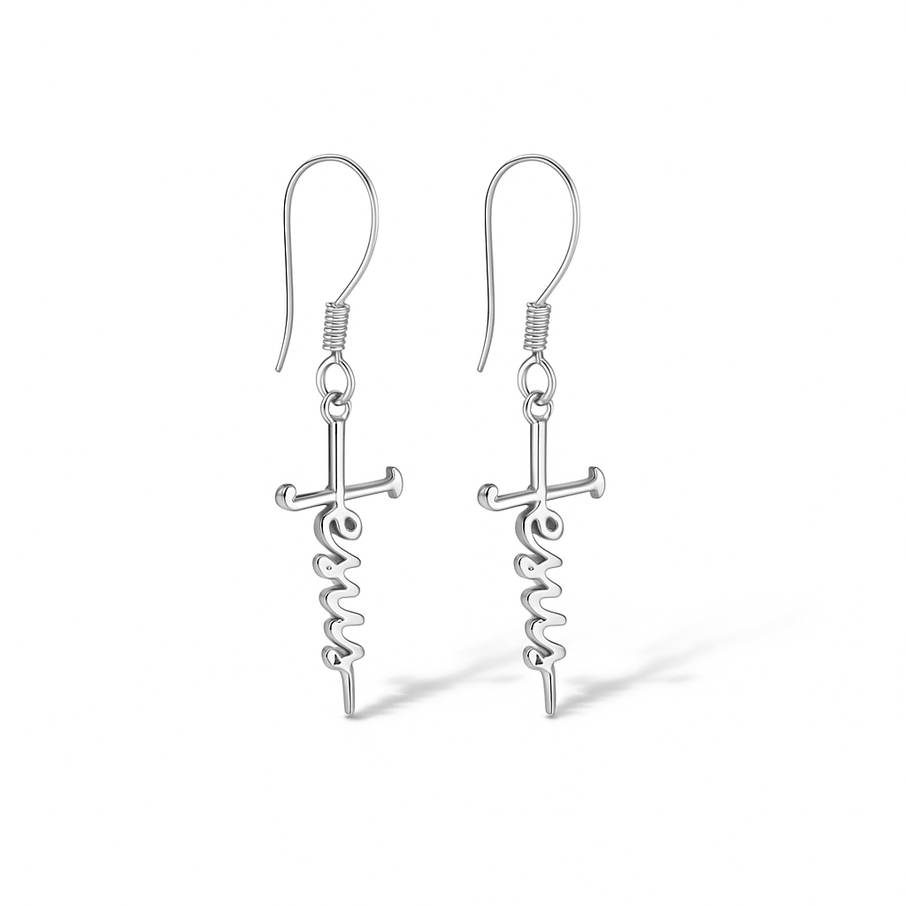 Sterling Silver "Jesus" Cursive Cross Earrings