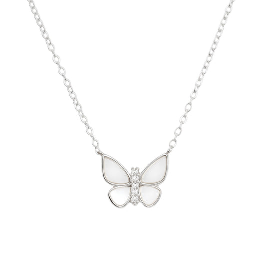 Sterling Silver CZ & Mother Of Pearl Butterfly Necklace