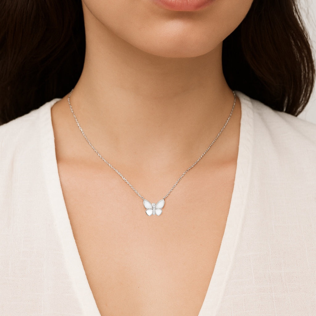 Sterling Silver CZ & Mother Of Pearl Butterfly Necklace
