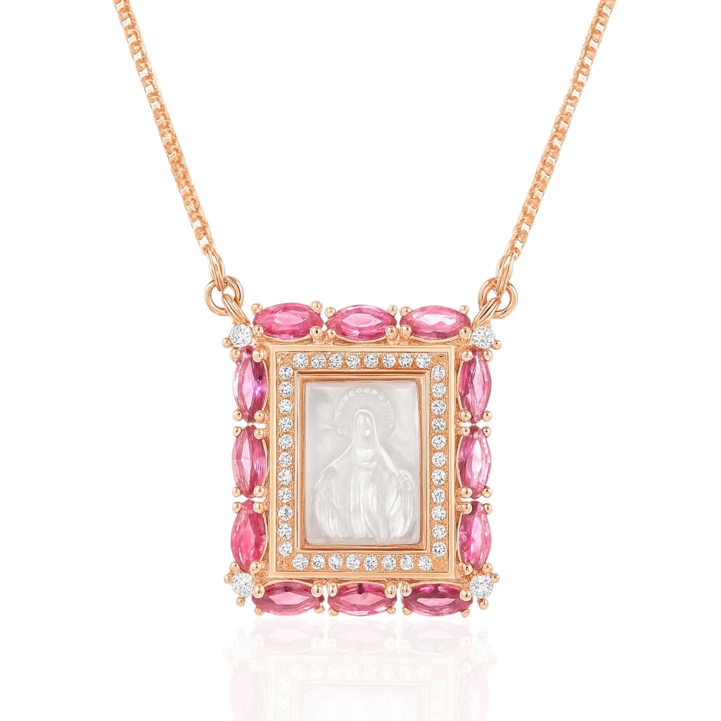 Sterling Silver Rose Gold Plated "Virgin Mary" Center w/ Multi Colored CZ Border Necklace