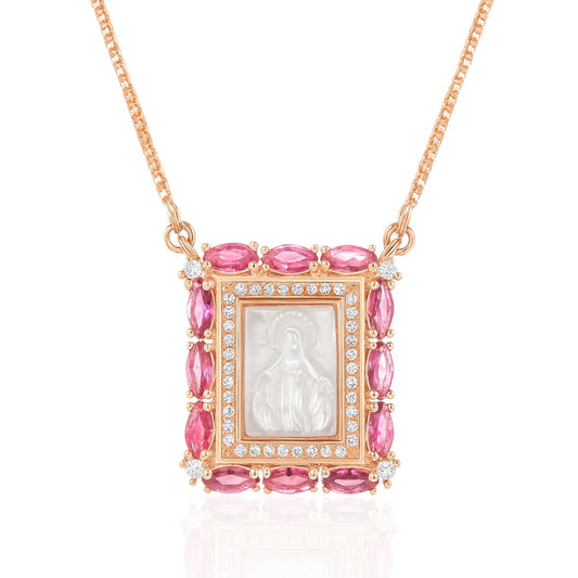 Sterling Silver Rose Gold Plated "Virgin Mary" Center w/ Multi Colored CZ Border Necklace