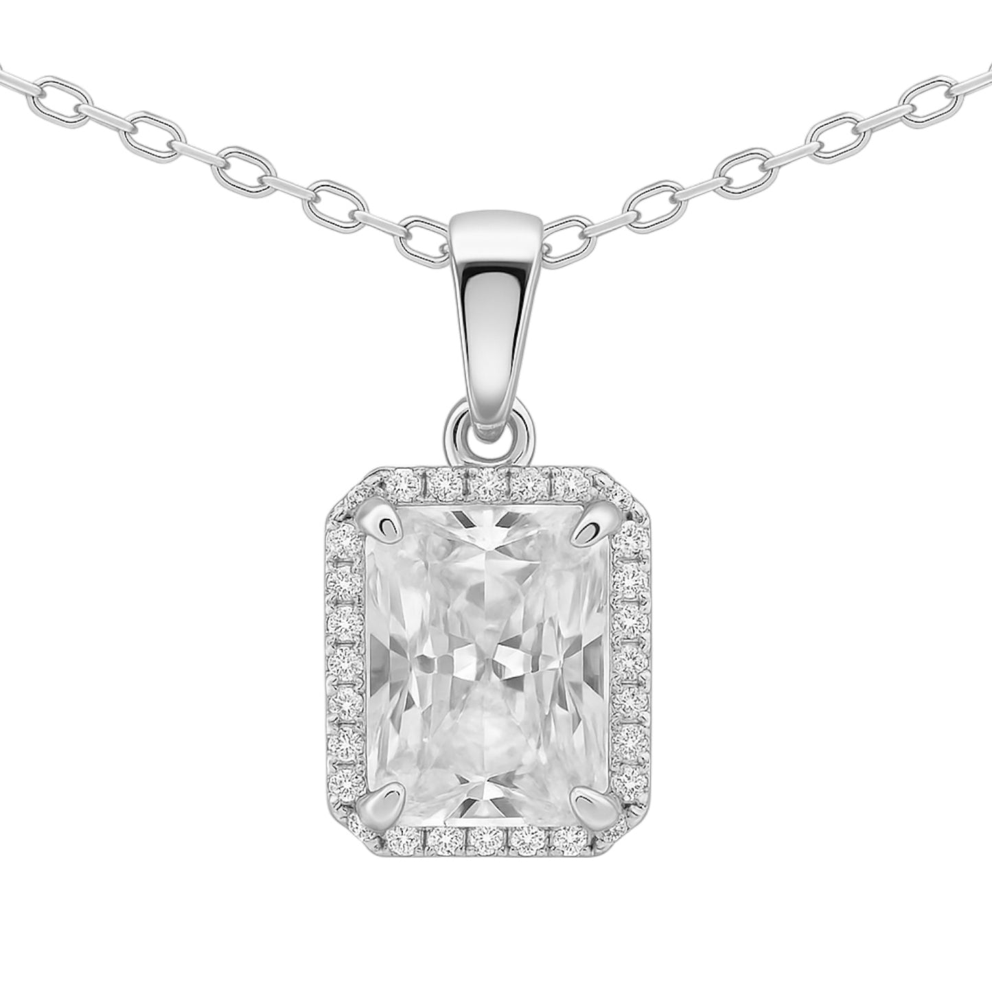 RETAIL Sterling Silver 3.0CT Radiant Cut Halo Moissanite Necklace