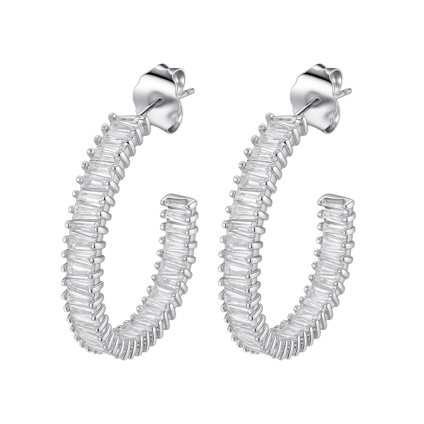 Sterling Silver Inside Out Baguette CZ Oval Open Hoop Earrings