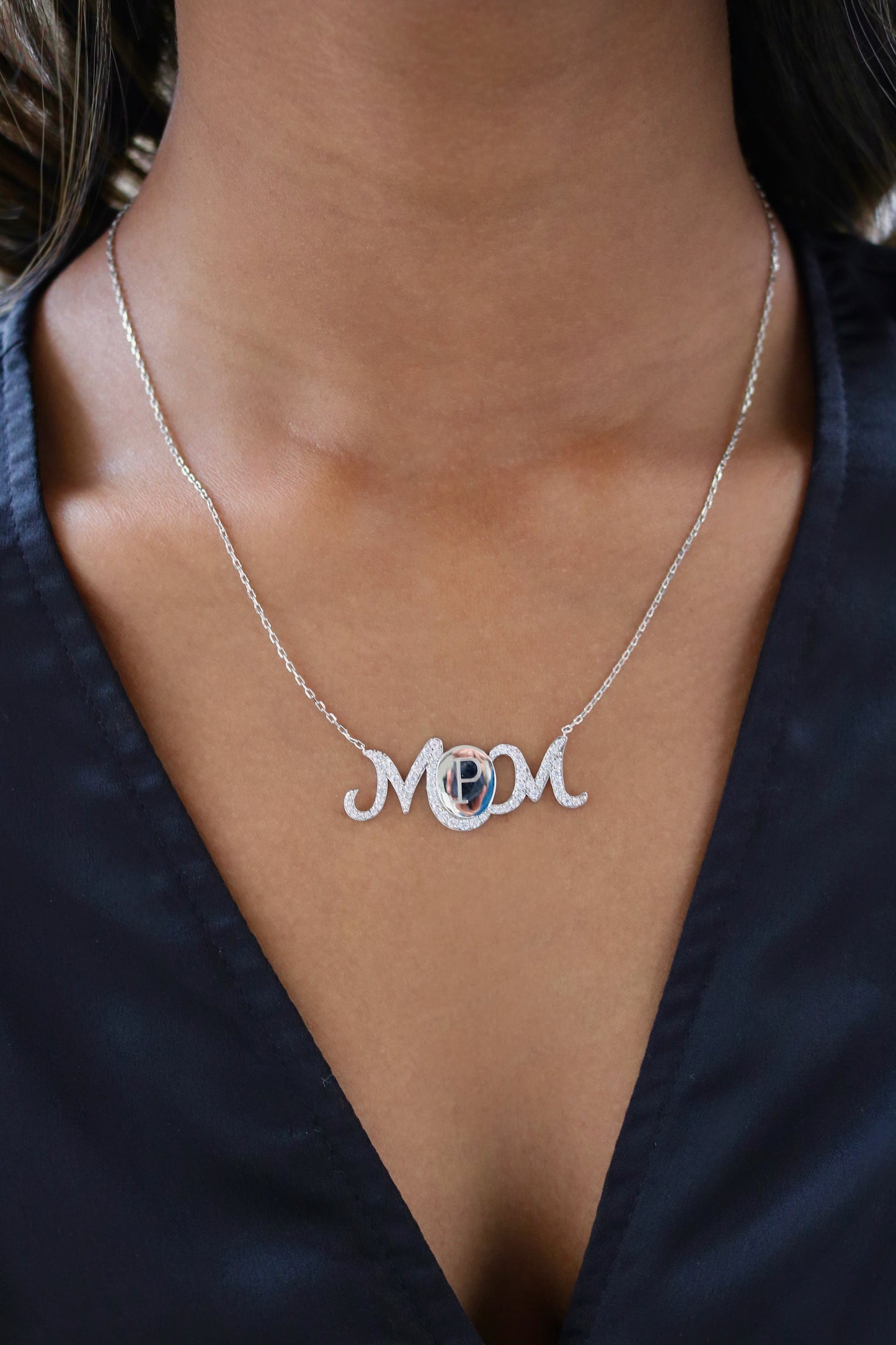 Sterling Silver Engravable Cursive Mom CZ Necklace