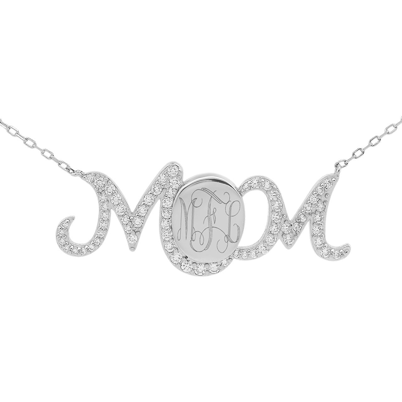 Sterling Silver Engravable Cursive Mom CZ Necklace