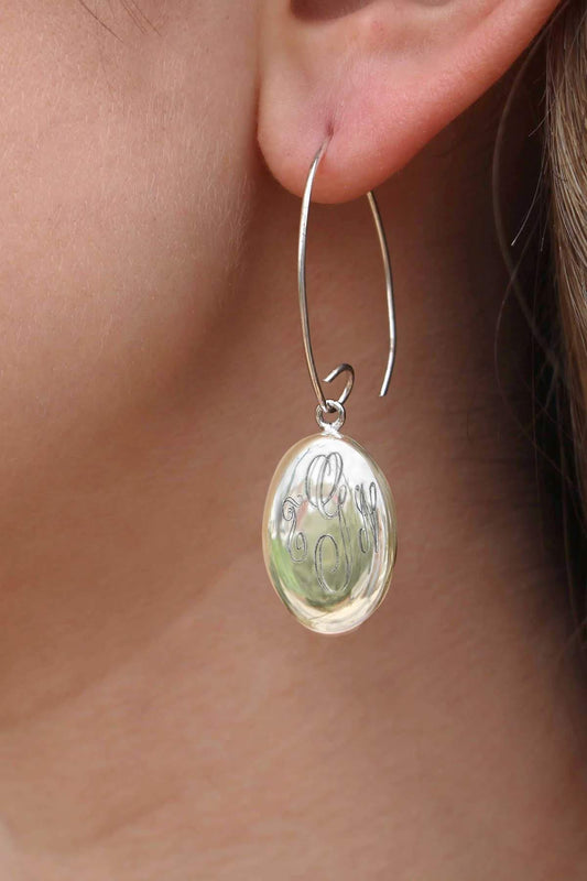 German Silver Puffed Oval Engravable Long Wire Earrings