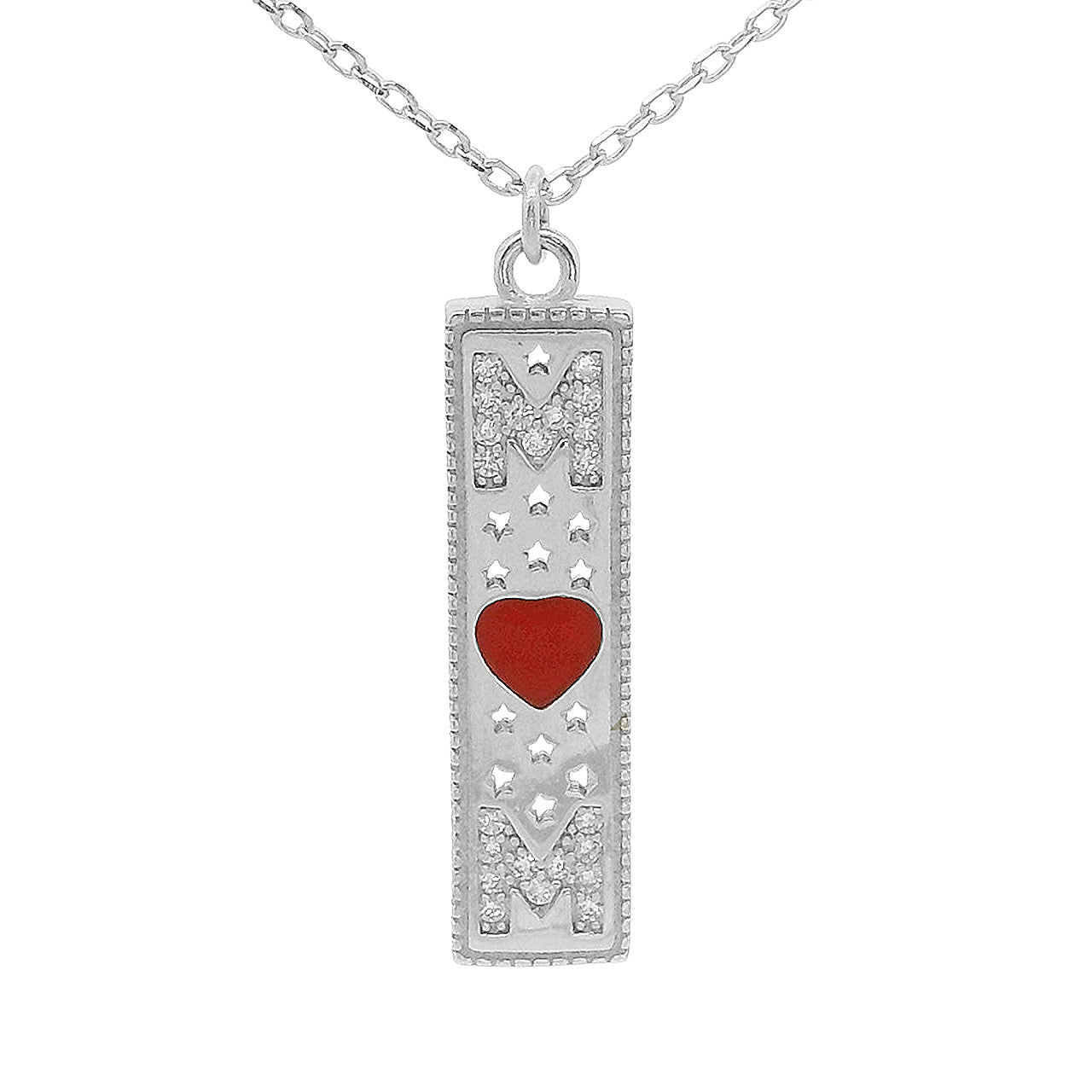 Sterling Silver CZ MOM W/ Heart Center Bar Necklace