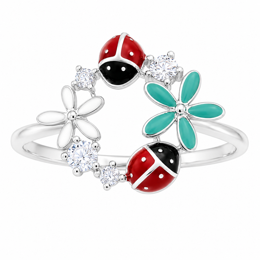 Sterling Silver CZ Multicolor Enamel Ladybug & Flower Ring