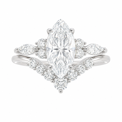 Sterling Silver 2.0ct Marquise Moissanite Cluster Curved Wedding Band Ring Set