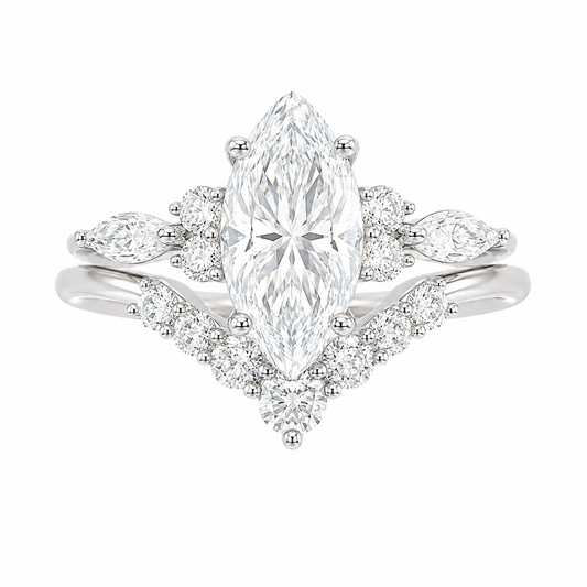 Sterling Silver 2.0ct Marquise Moissanite Cluster Curved Wedding Band Ring Set