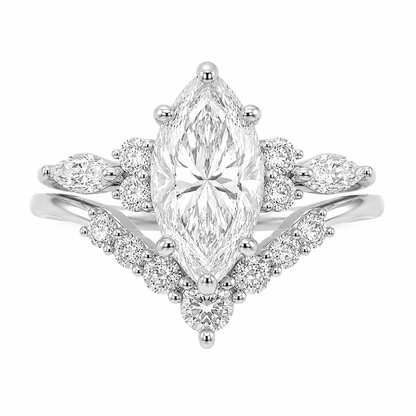 Sterling Silver 2.0ct Marquise Moissanite Cluster Curved Wedding Band Ring Set