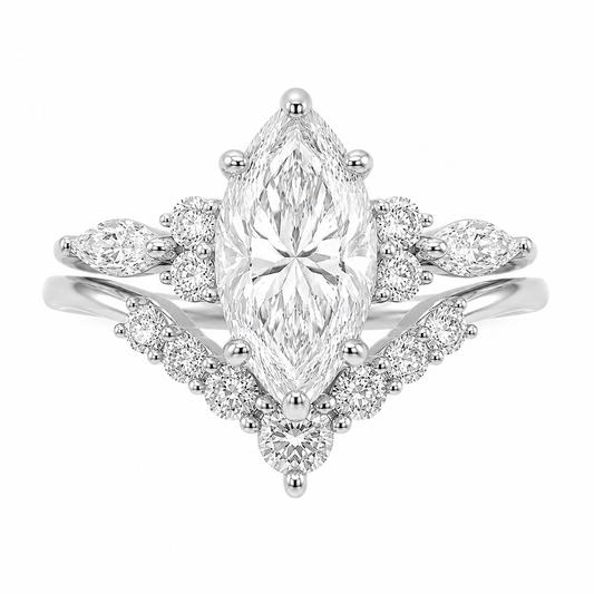 Sterling Silver 2.0ct Marquise Moissanite Cluster Curved Wedding Band Ring Set