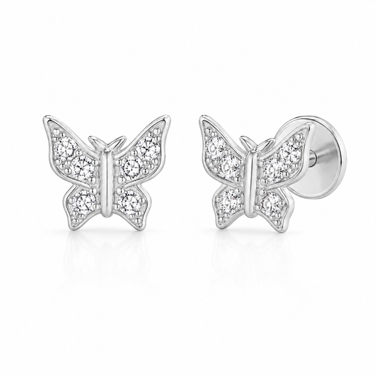 Sterling Silver CZ Dainty Butterfly Steel Flat Back Stud Earrings