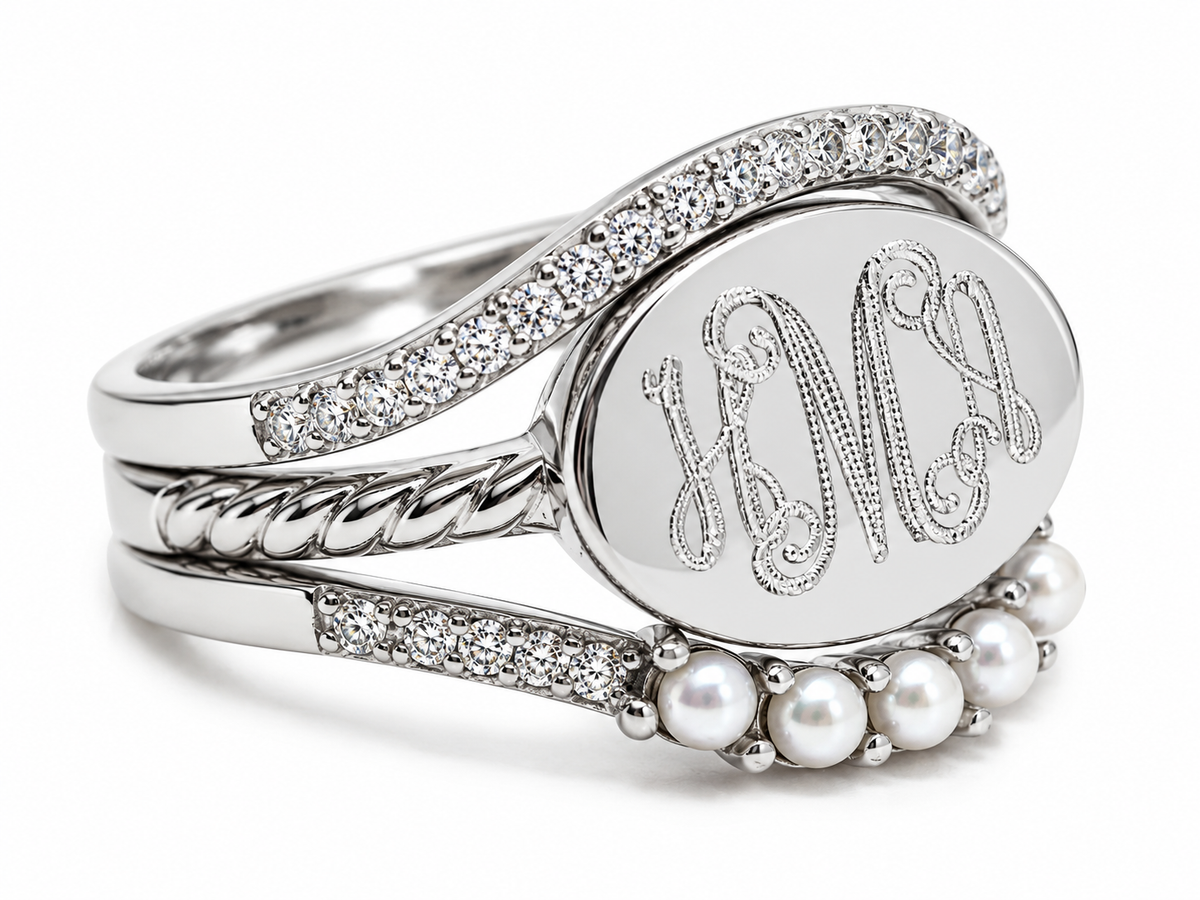 Sterling Silver Engravable Pearl Rope Cz Triple Ring