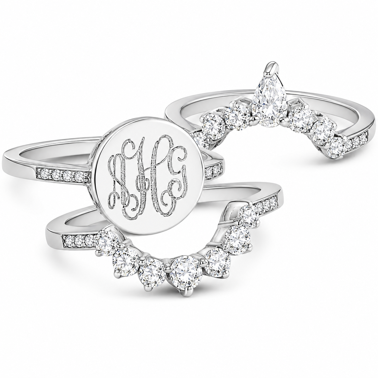 Sterling Silver Crown Triple Band Engravable Cz Princess Ring