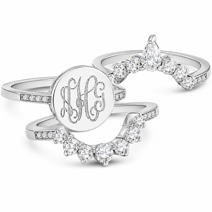 Sterling Silver Crown Triple Band Engravable Cz Princess Ring