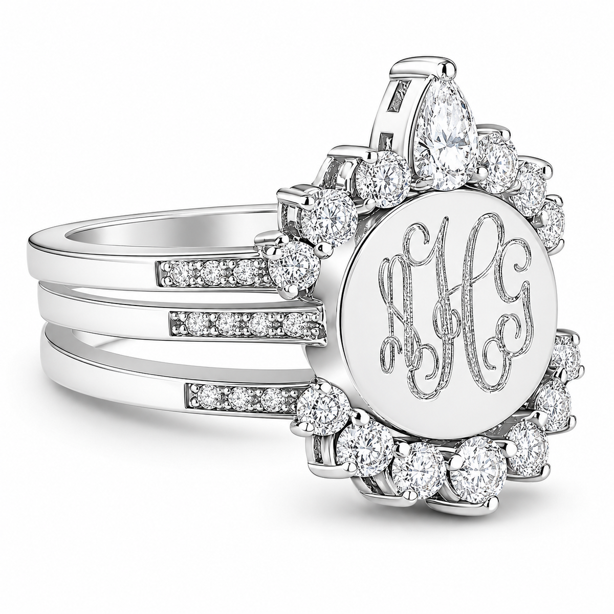 Sterling Silver Crown Triple Band Engravable Cz Princess Ring