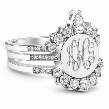 Sterling Silver Crown Triple Band Engravable Cz Princess Ring