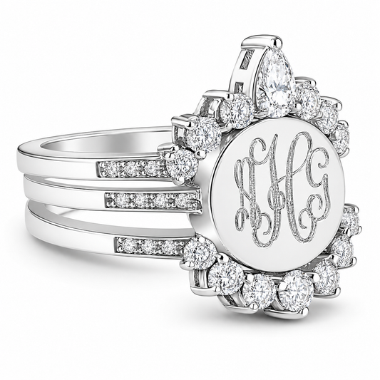 Sterling Silver Crown Triple Band Engravable Cz Princess Ring
