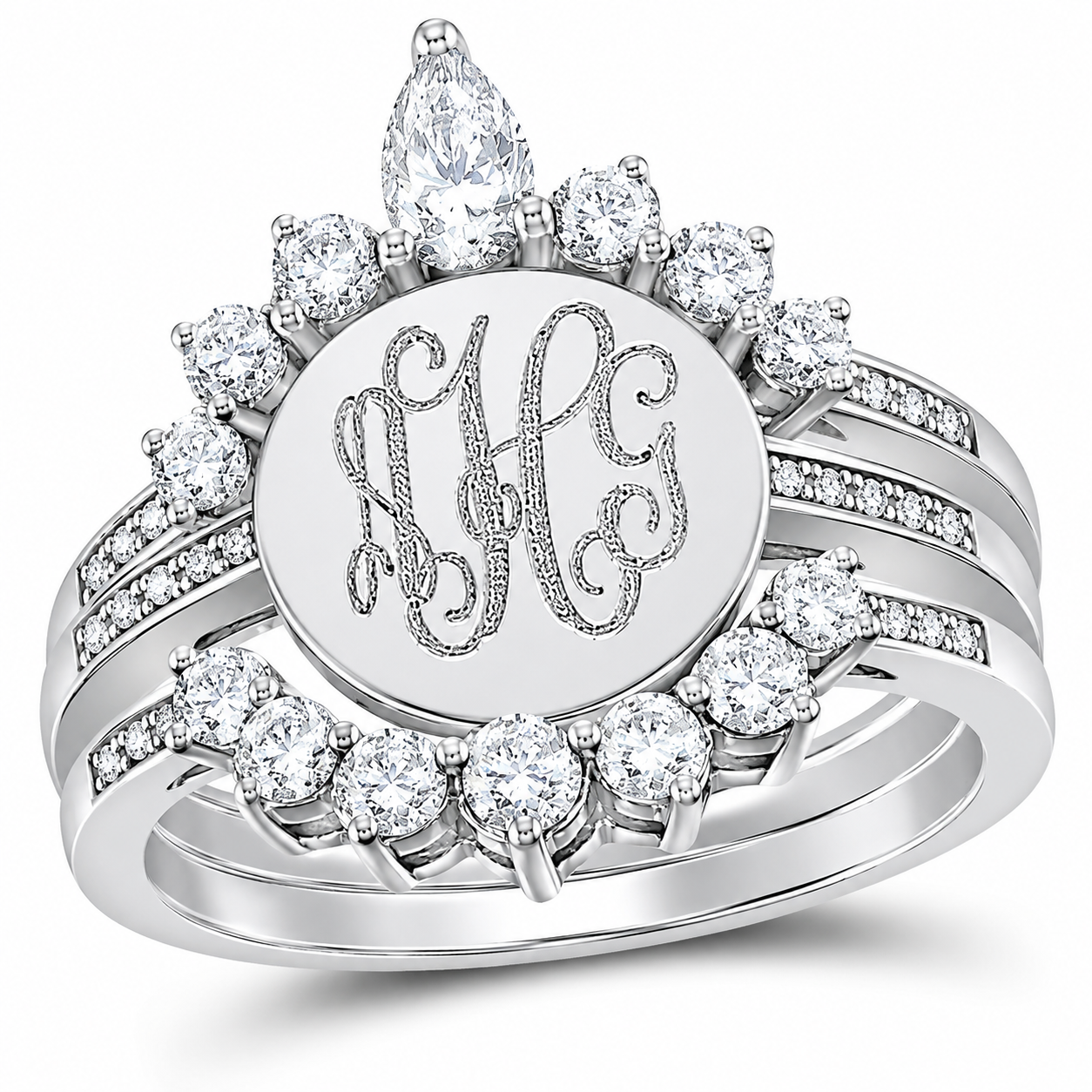 Sterling Silver Crown Triple Band Engravable Cz Princess Ring