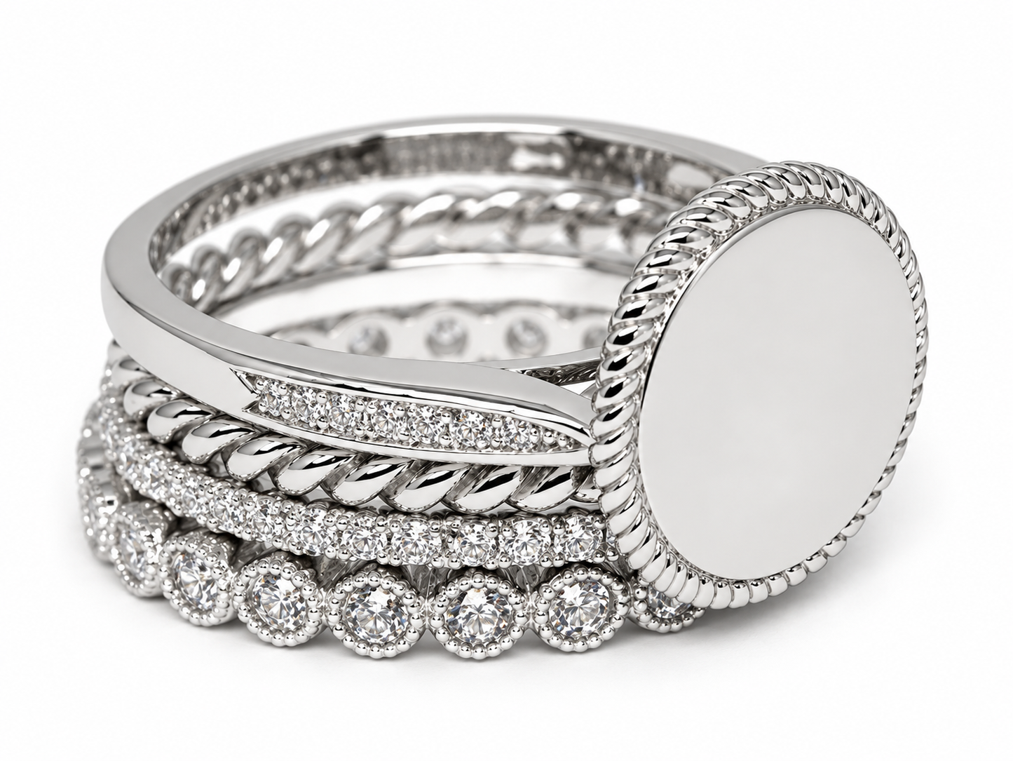 Sterling Silver Plain Face Engravable Stackable Circle Ring With Roped Trim