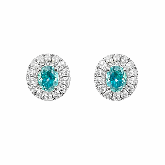 Sterling Silver 5.78 CTW Moissanite Blue Oval Clear Halo Post Earrings