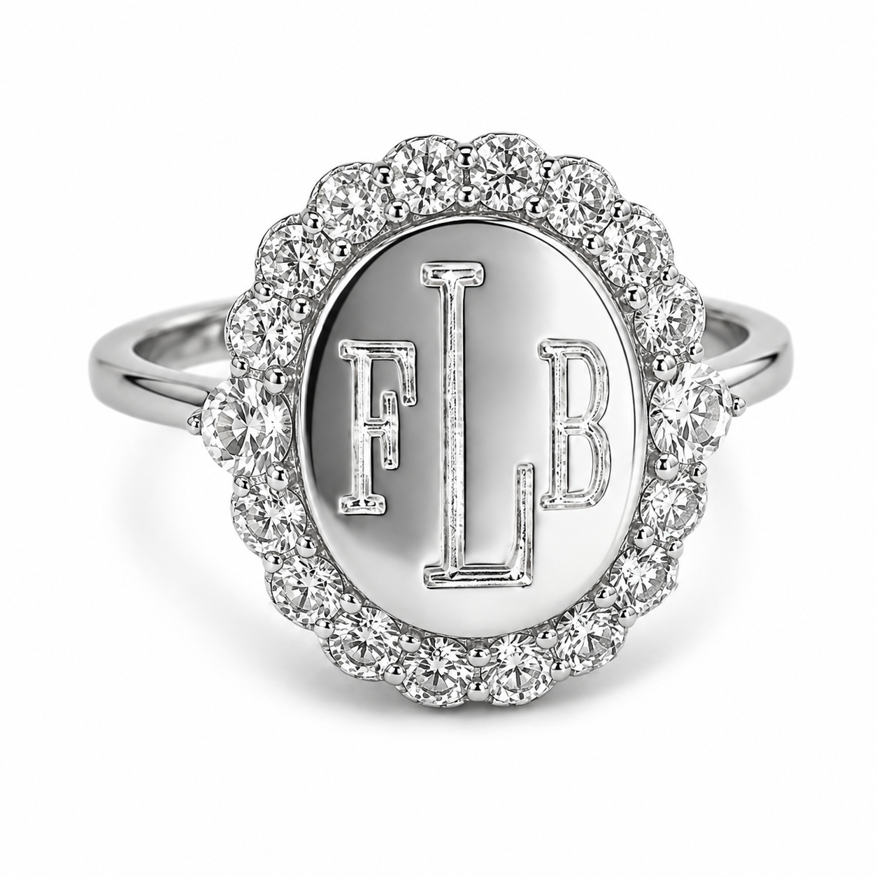 Sterling Silver Oval Large CZ Border Engravable Ring