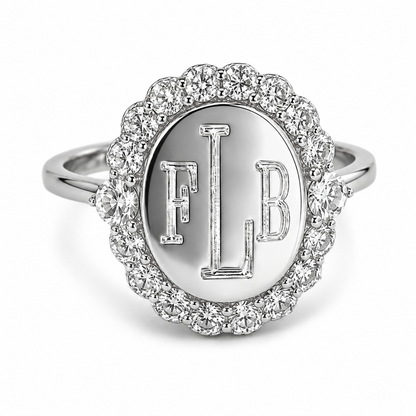 Sterling Silver Oval Large CZ Border Engravable Ring