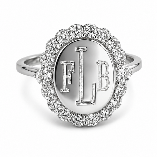 Sterling Silver Oval Large CZ Border Engravable Ring
